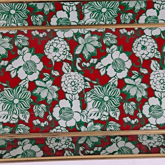 Rectangular Glass Vanity Tray Red Green White Floral Pattern & Gold Metal Trim - Picture 3 of 9